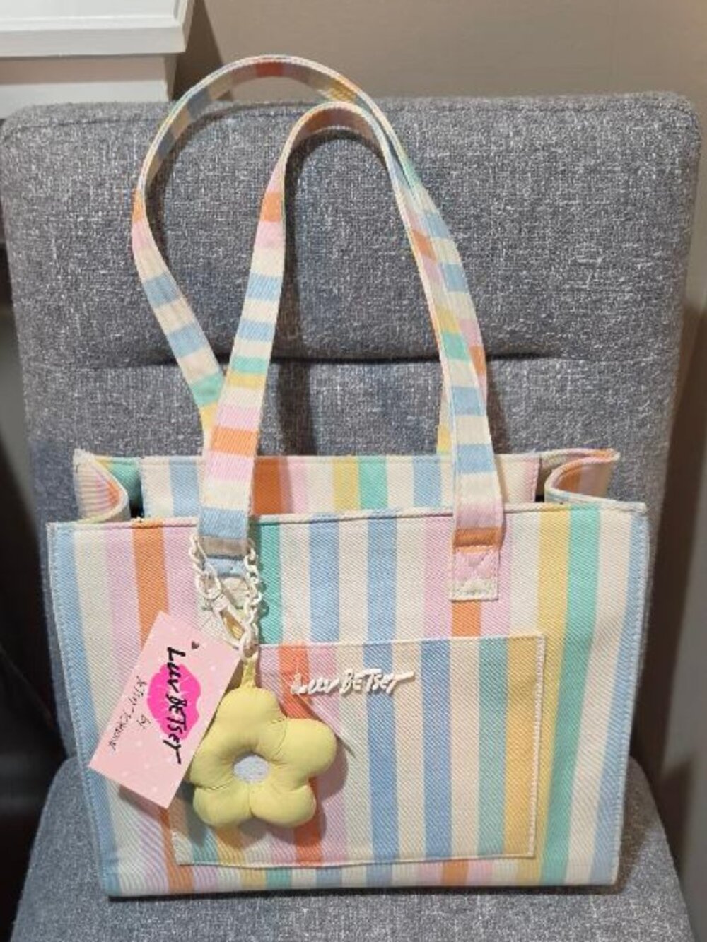 Betsey Johnson Pastel Rainbow Stripe Canvas Tote Bag
